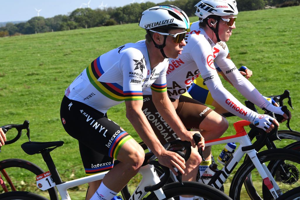 BINCHE BELGIUM OCTOBER 04 Remco Evenepoel of Belgium and Team QuickStep Alpha Vinyl competes during the 35th Binche Chimay Binche Memorial Frank Vandenbroucke 2022 a 1986km one day race from Binche to Binche BincheChimayBinche on October 04 2022 in Binche Belgium Photo by Luc ClaessenGetty Images