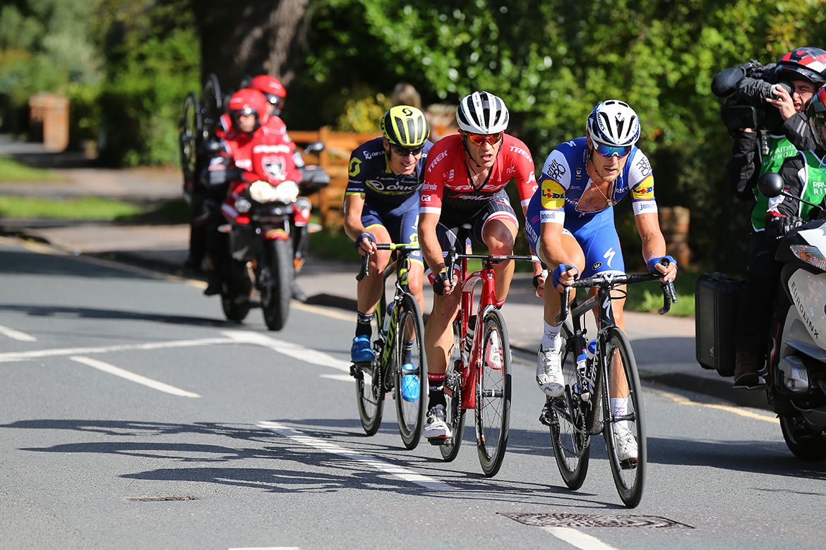 Matteo Trentin, Jasper Stuyven and Daryl Impey up the road in the late goings of the RideLondon Classic