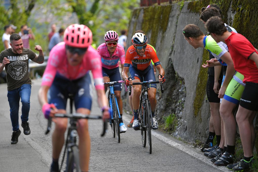 Vincenzo Nibali and Richard Carapaz track down Hugh Carthy near the end of stage 15 at the Giro