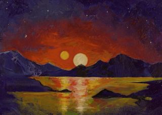 In this acrylic painting, University of Utah astrophysicist Ben Bromley envisions the view of a double sunset from an uninhabited Earthlike planet orbiting a pair of binary stars.