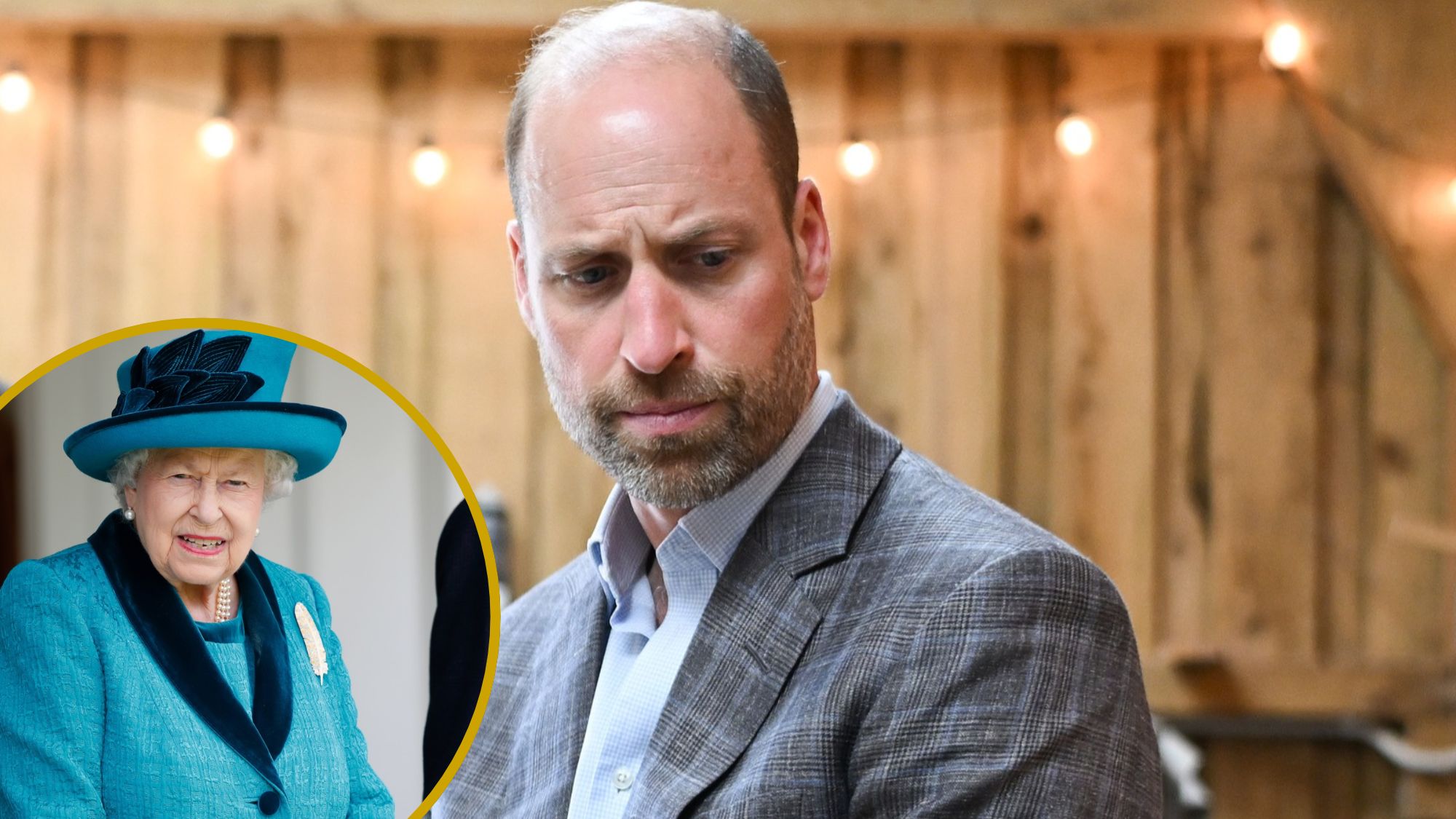 A roundel showing Queen Elizabeth at the 2018 Braemar Highland Gathering and a picture of Prince William during a tour at the Apricot Centre in 2026