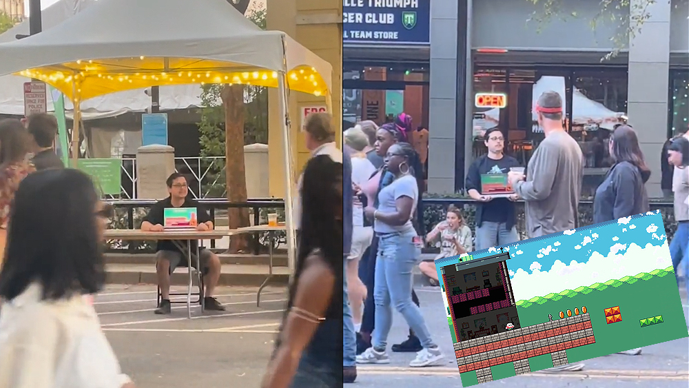 An indie game developer tries to promote their game by showing it on a laptop in a high street