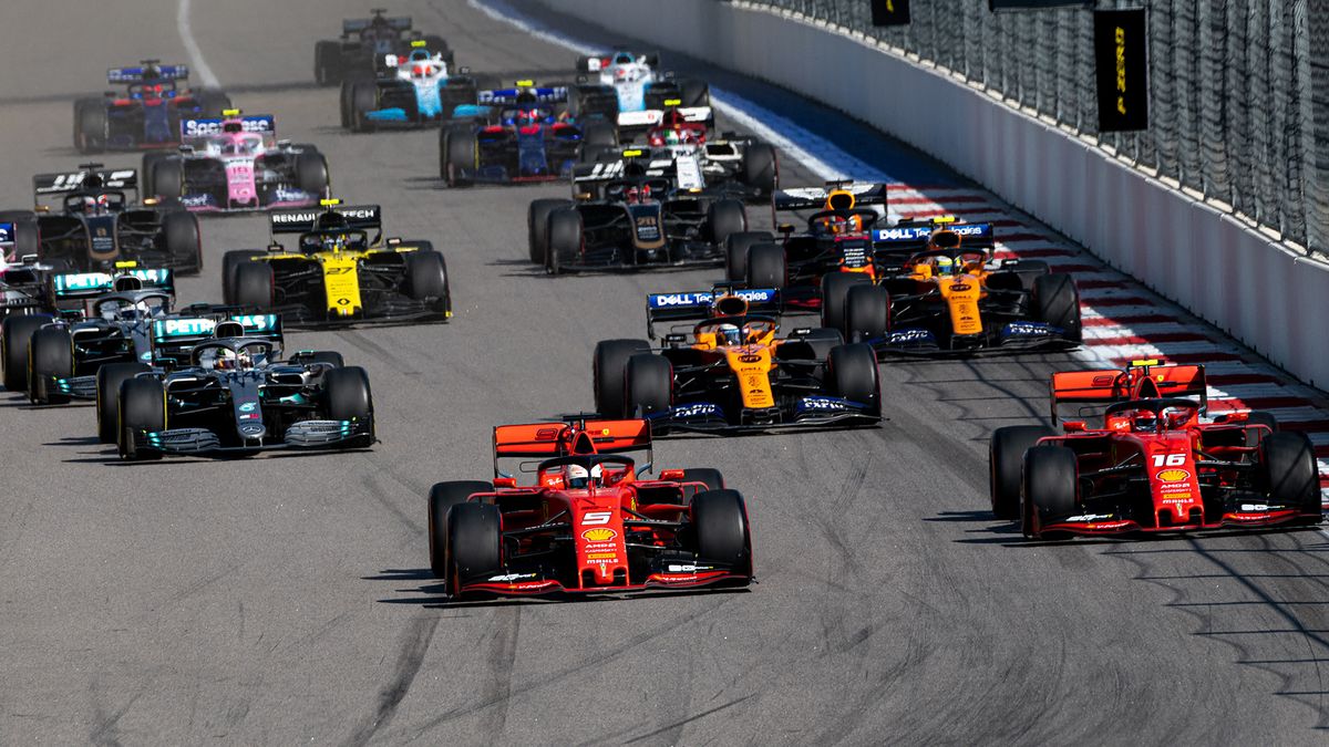 A pack of Formula 1 racing cars competing at the 2019 Russian Grand Prix in Sochi