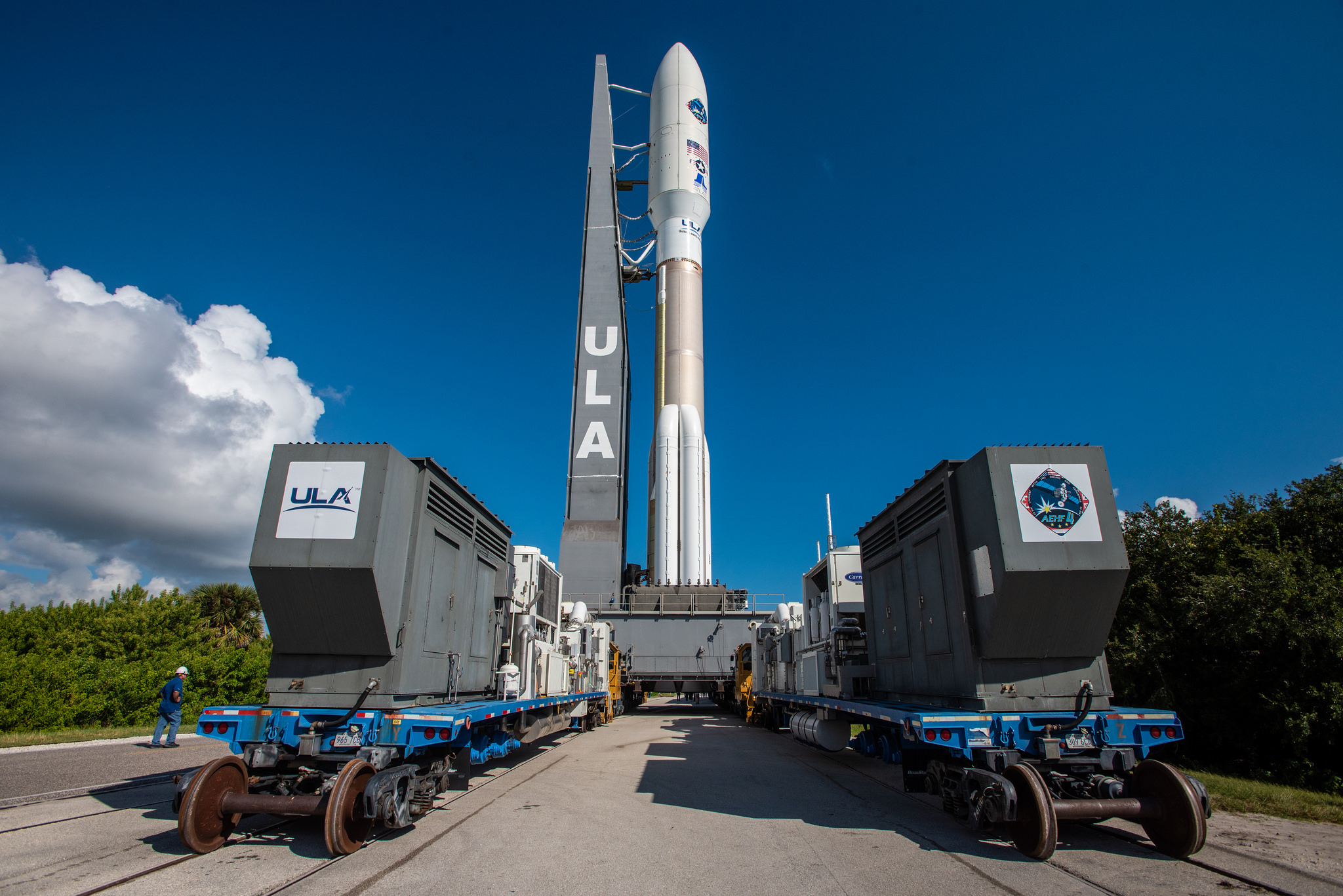 A United Launch Alliance Atlas V rocket carrying the U.S. military&#039;s Advanced Extremely High Frequency 4 communications satellite moves to the launchpad ahead of an Oct. 17, 2018, liftoff. 