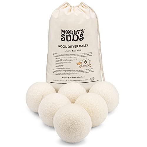 Molly's Suds Wool Dryer Balls | Xl, Premium Organic Fabric Softener, Hypoallergenic, Hand-Felted, Reusable, Reduce Drying Time | White, Set of 6