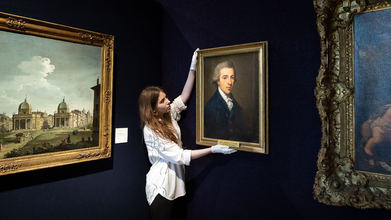 A Kauffman portrait is adjusted during a 2021 Bonhams sale