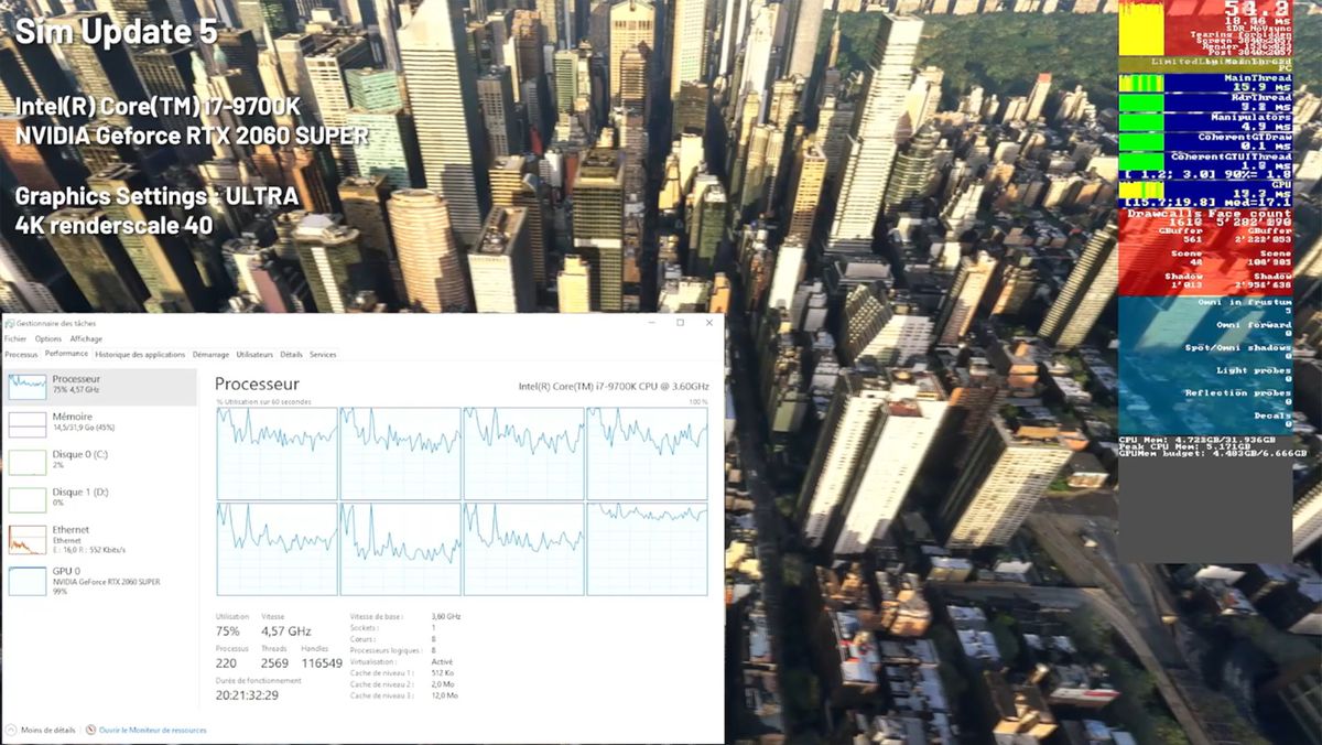 Microsoft Flight Sim stream screenshots showing performance with Sim Update 4 and Sim Update 5