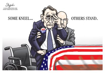 Editorial cartoon U.S. George H.W. Bush casket memorial Bob Dole stand salute wheelchair