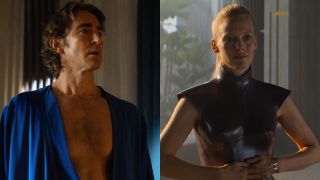 Lee Pace standing in his blue robe, and Laura Birn posed in a black dress in Foundation, pictured side by side.