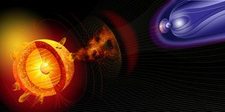 Artist's conception of a coronal mass ejection leaving the sun and heading towards Earth. When the CME hits the Earth's magnetic field (represented in purple), it causes magnetic storms.