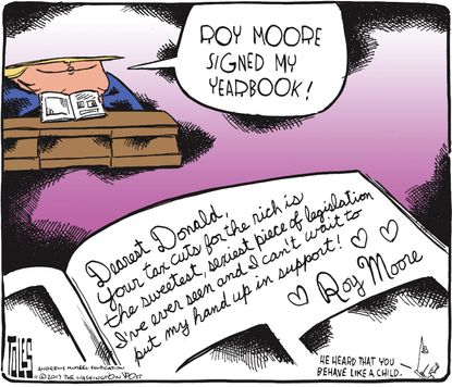 Political cartoon U.S. Roy Moore sexual harassment tax cuts Trump