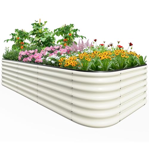Quictent Galvanized Tall Raised Garden Bed Kit, 8x4x2 Ft Oval Large Planting Box, for Vegetables Outdoor Strengthened by Crossbar (beige)