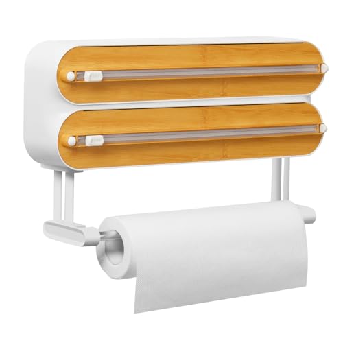 Magnetic Cling Film Dispenser and Cutter - Advanced 3-In-1 Wall-Mounted Kitchen Roll Holder, Quasziwa Refillable Cling Wrap &amp;amp; Aluminium Foil Dispenser With Paper Towel Holder - Fits 12&quot; Roll, White