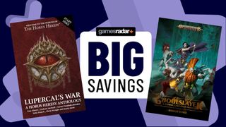 Lupercal's War and Ghoulslayer covers on a purple background with a big savings badge