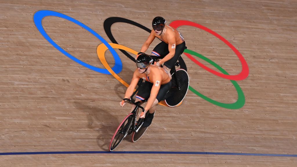Netherlands Jeffrey Hoogland R competes against Netherlands Harrie Lavreysen in the mens track cycling sprint finals during the Tokyo 2020 Olympic Games at Izu Velodrome in Izu Japan on August 6 2021 Photo by Greg Baker AFP Photo by GREG BAKERAFP via Getty Images