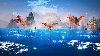 Promotional screenshot of the player's party riding Pterodactyls in Threads of Time