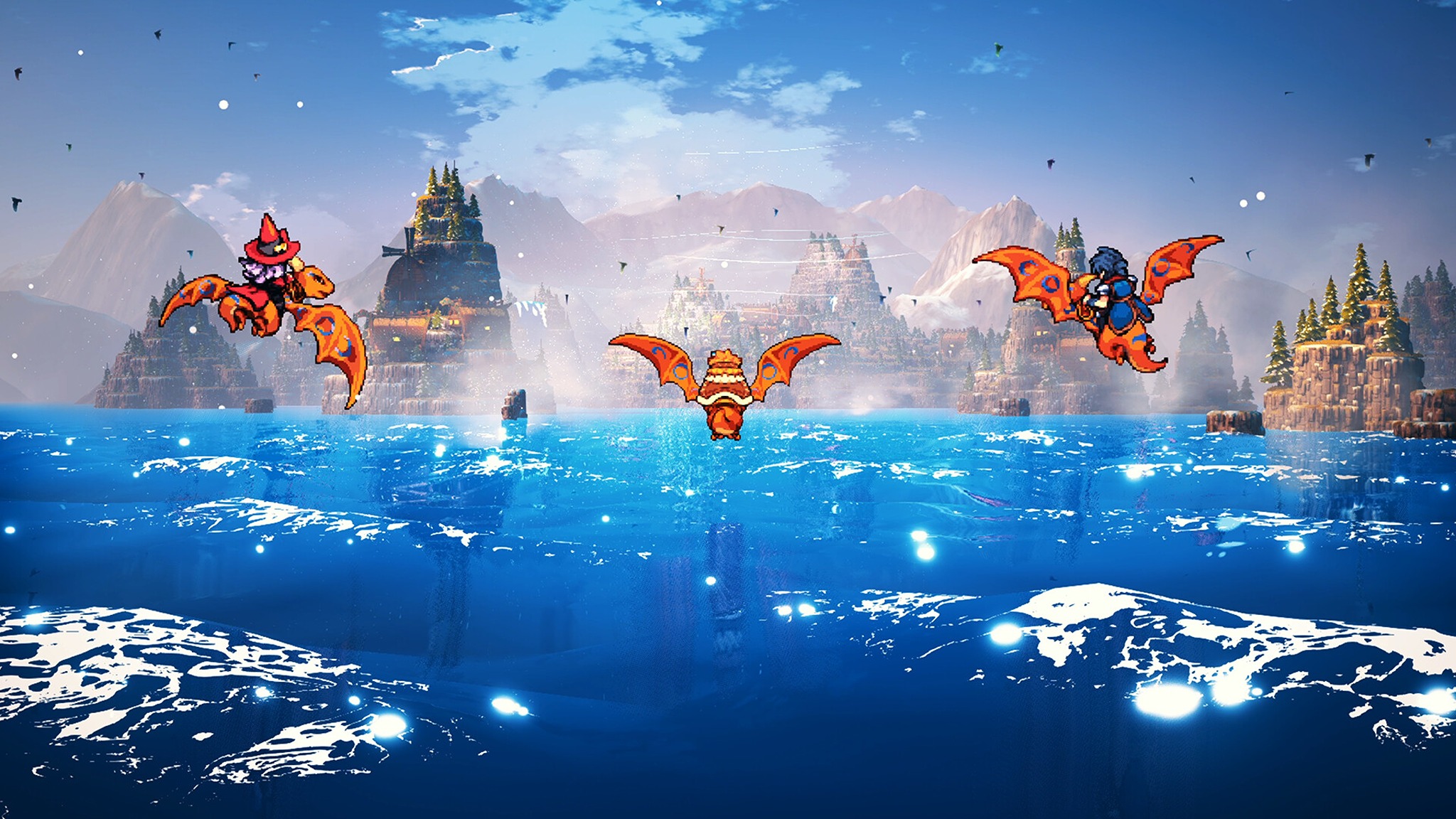 Promotional screenshot of the player&#039;s party riding Pterodactyls in Threads of Time