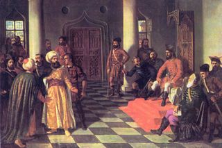 Painting of Vlad the Impaler meeting Turkish Envoys