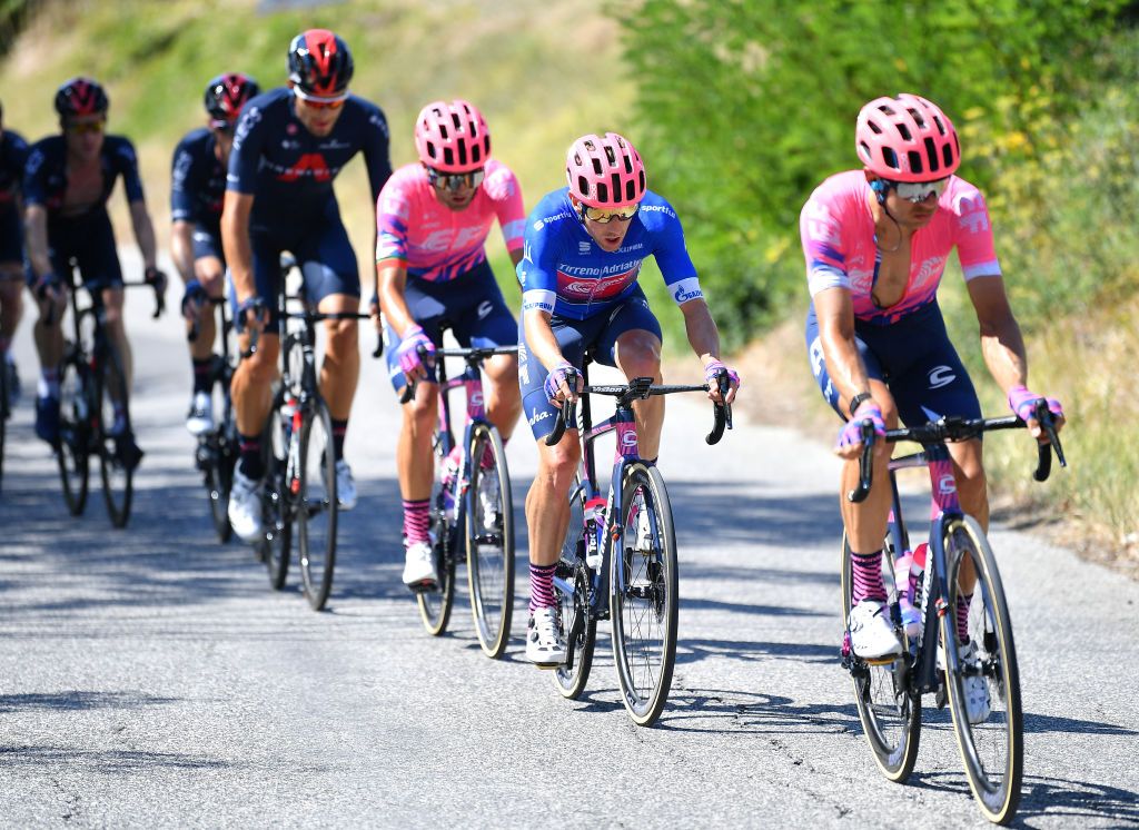 SARNANO ITALY SEPTEMBER 11 Michael Woods of Canada and Team EF Pro Cycling Ruben Guerreiro of Portugal and Team EF Pro Cycling during the 55th TirrenoAdriatico 2020 Stage 5 a 202km stage from Norcia to SarnanoSassotetto 1335m TirrenAdriatico on September 11 2020 in Sarnano Italy Photo by Justin SetterfieldGetty Images