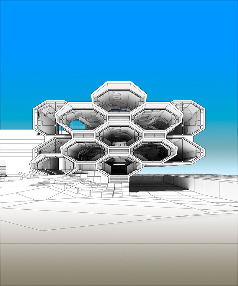 Digital design of Didier Faustino&#039;s honeycomb-inspired building