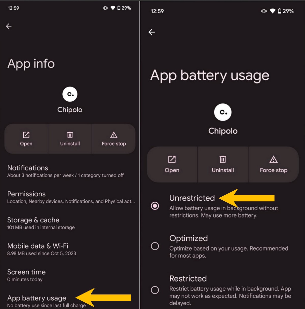 App battery usage option