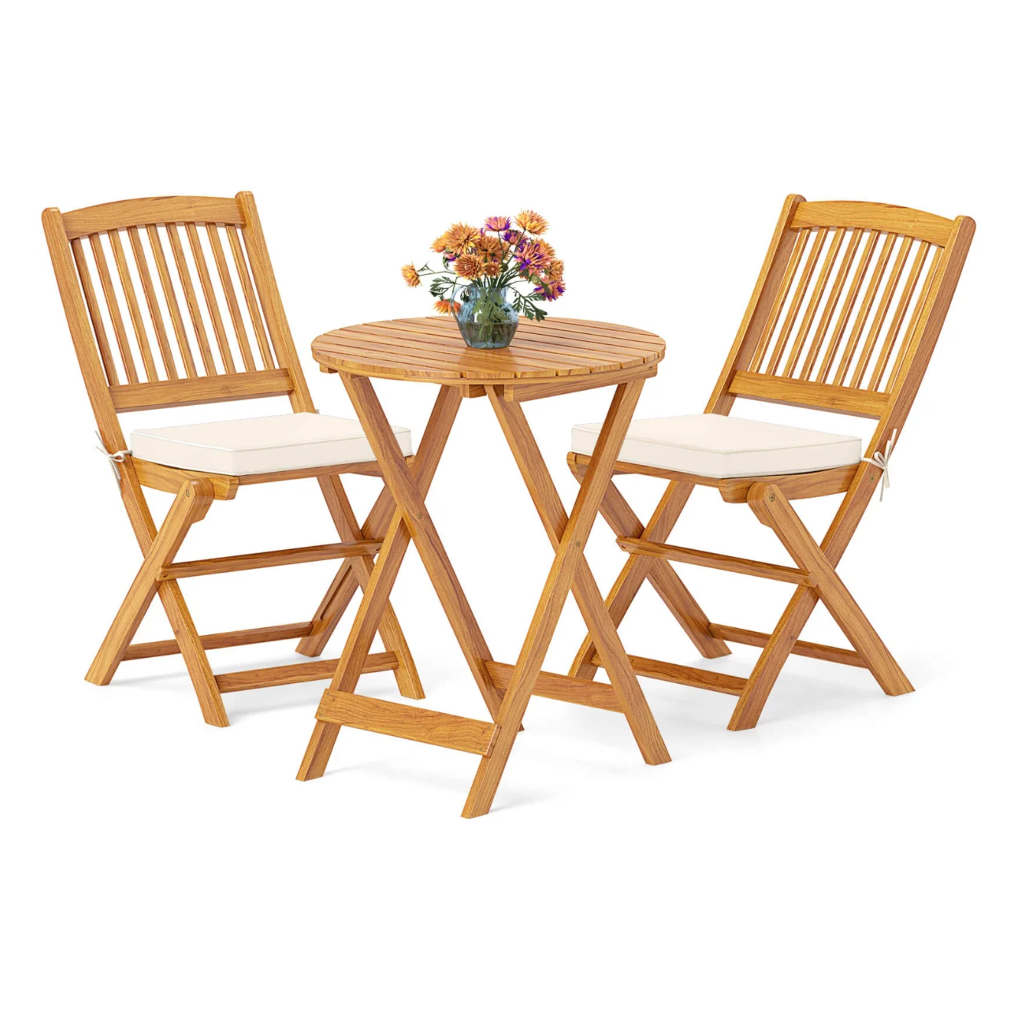 a wooden bistro set