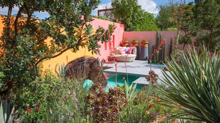 A colorful garden with two walls pink and one wall yellow with a loveseat in the corner in front of the pool and foliage all around