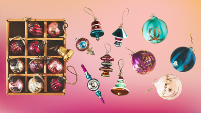 christmas tree ornamanet collage on colorful background