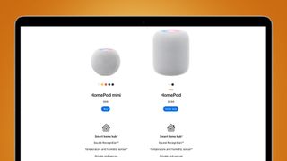 A laptop showing the Apple Store page for the Apple HomePod Mini and HomePod 2