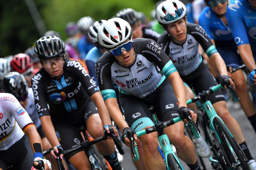 COLICO ITALY JULY 07 Grace Brown of Australia and Team BikeExchange during the 32nd Giro dItalia Internazionale Femminile 2021 Stage 6 a 155km stage from Colico to Colico GiroDonne UCIWWT on July 07 2021 in Colico Italy Photo by Luc ClaessenGetty Images