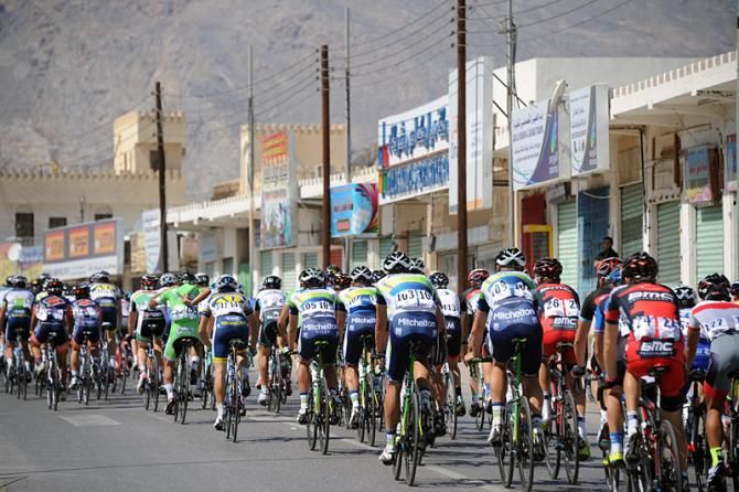 The Tour of Oman peloton en route from Fanja in Bidbid to Al Bustan during stage 2.