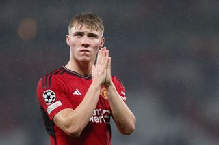 Rasmus Hojlund of Manchester United acknowledges the fans following the team's defeat during the UEFA Champions League match between Manchester United and Galatasaray A.S at Old Trafford on October 03, 2023 in Manchester, England. (Photo by Alex Livesey/Getty Images)