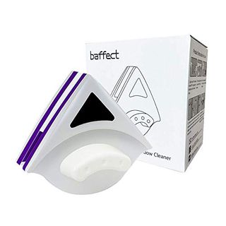 A white triangular window cleaning tool with purple edges 