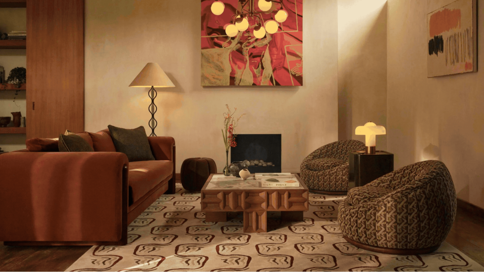 Rotating GIF of three images that depict a living room, vanity, and bedroom decorating with Soho Home furniture and patterned rugs.