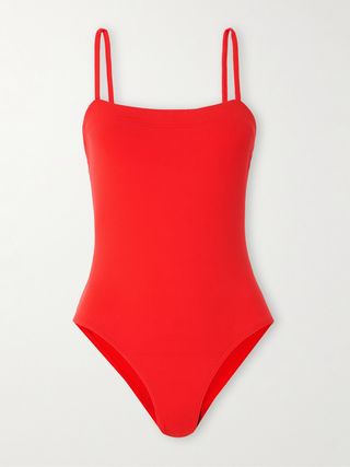 red one-piece swimsuit with spaghetti straps