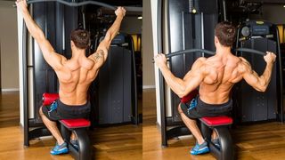 A man performing a wide lat pull-down as part of a workout plan for muscle gain