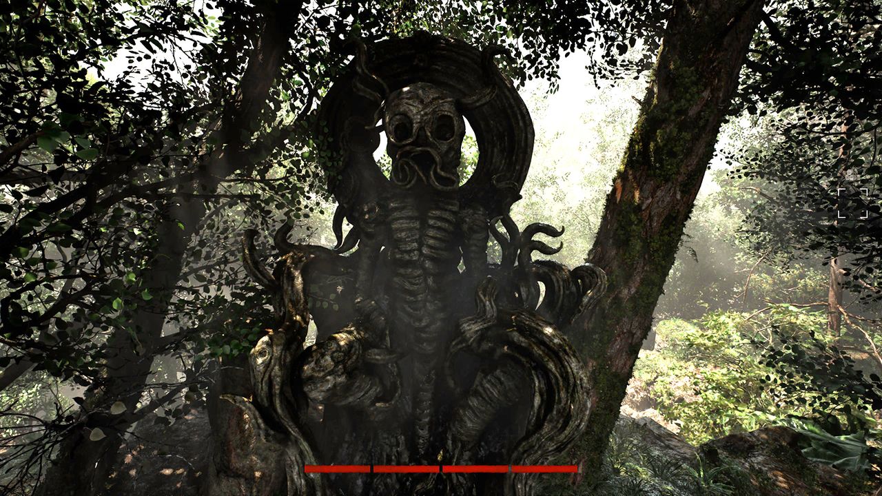 Screens from a horror game set in a dense jungle