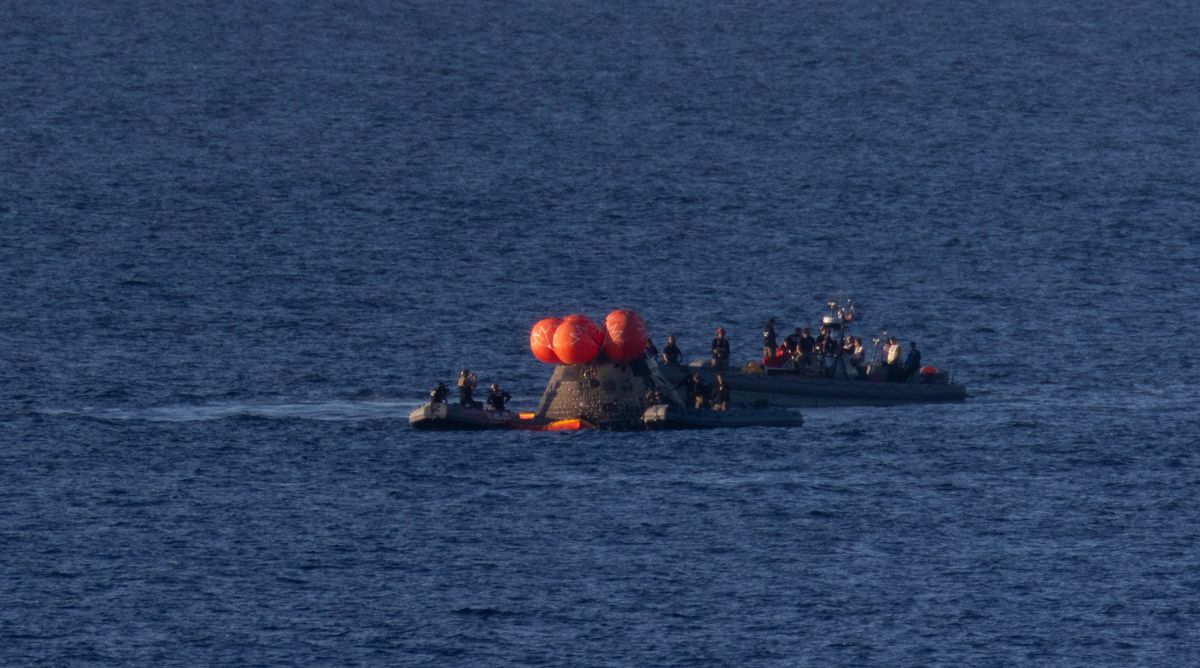NASA&rsquo;s Orion spacecraft is seen as recovery teams work to secure the spacecraft ahead of transferring Artemis II crewmembers.
