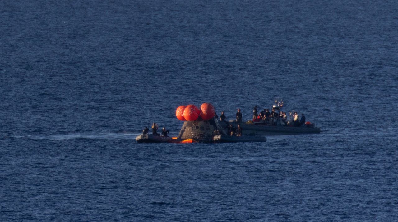 NASA&rsquo;s Orion spacecraft is seen as recovery teams work to secure the spacecraft ahead of transferring Artemis II crewmembers.