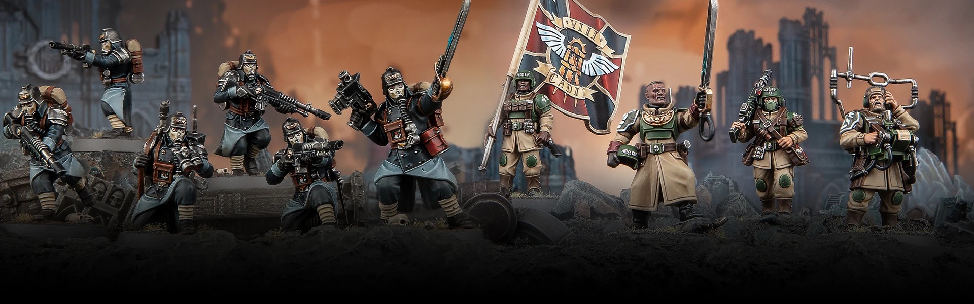 Death Korps of Krieg alongside Cadian command on a battlefield