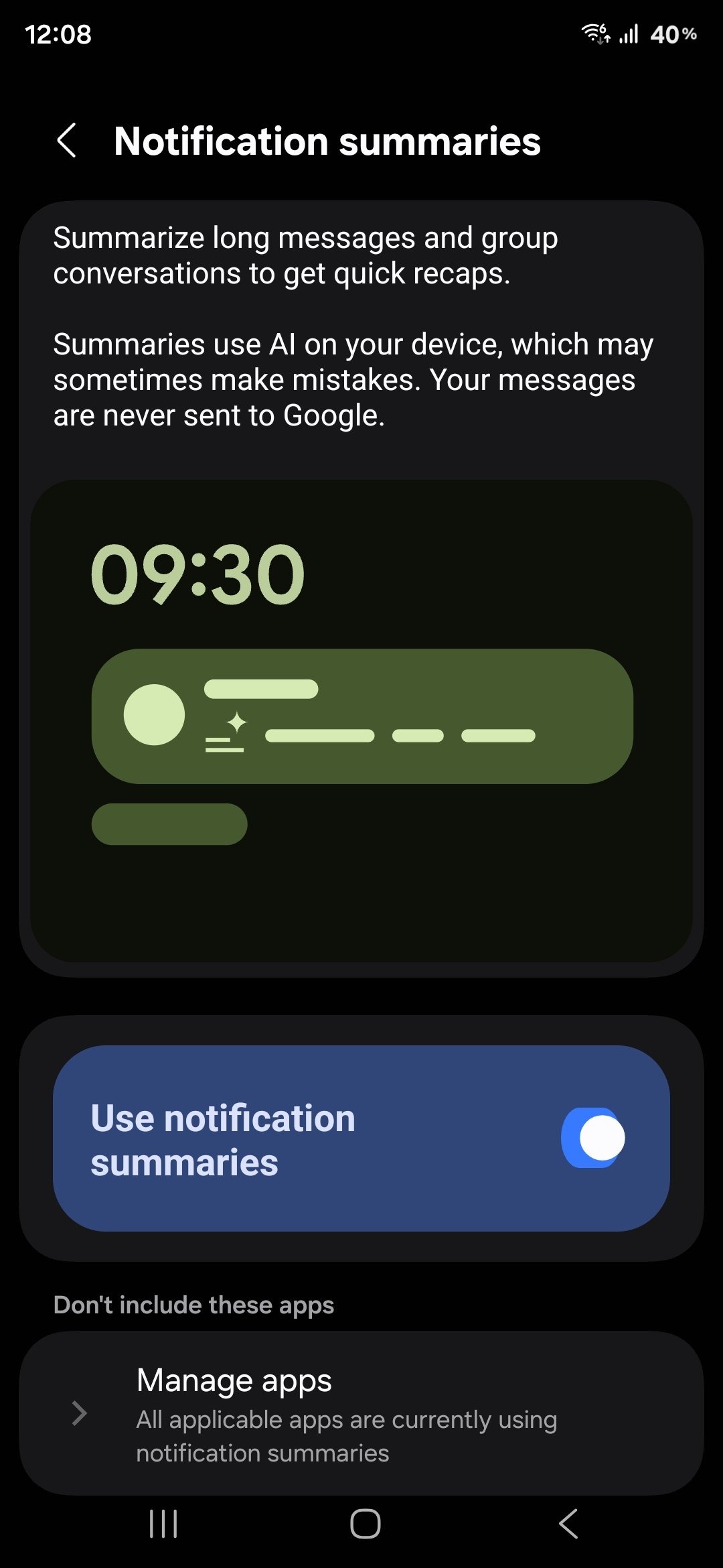 A screenshot of the Notification summaries option, showing the toggle to turn it on and off, and the manage apps menu