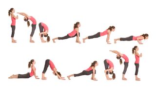 woman doing sun salutations, yoga flow demonstration