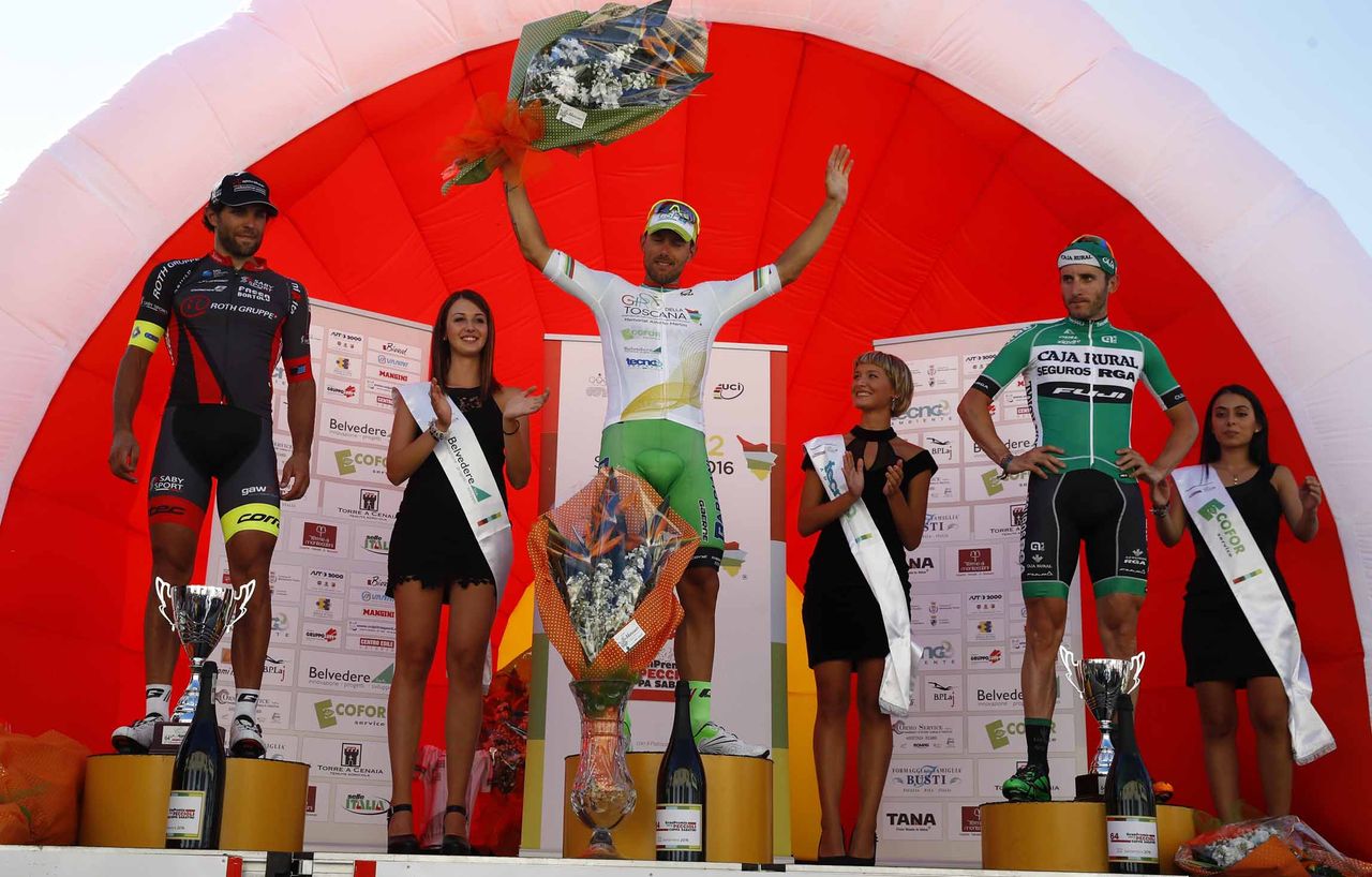 Sonny Colbrelli flanked by Andrea Pasqualon and Carlos Barbero on the Coppa Sabatini podium.