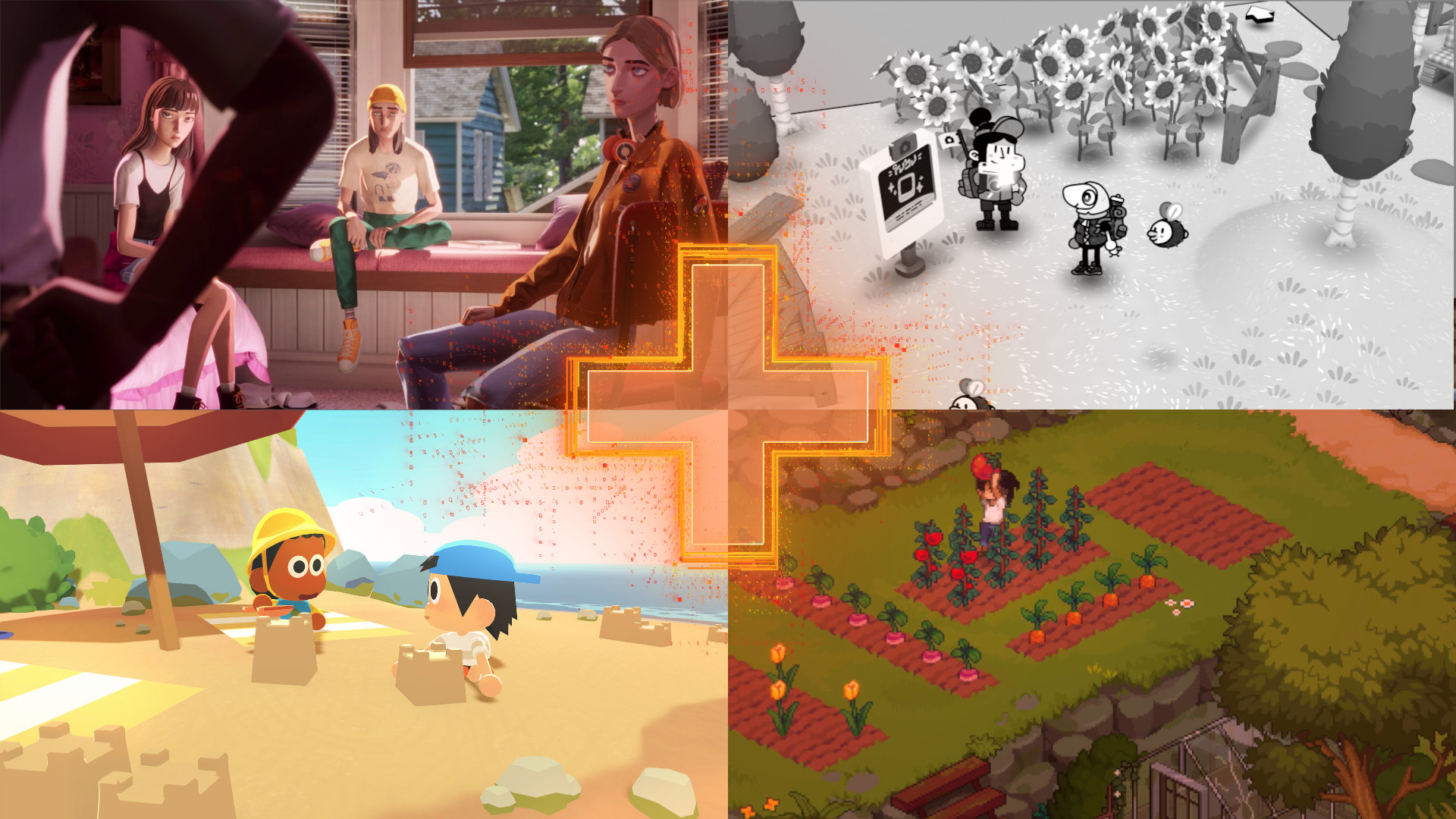 Upcoming indie games for 2026 showing images from Mixtape, Toem 2, Find your Words, and Grave Seasons
