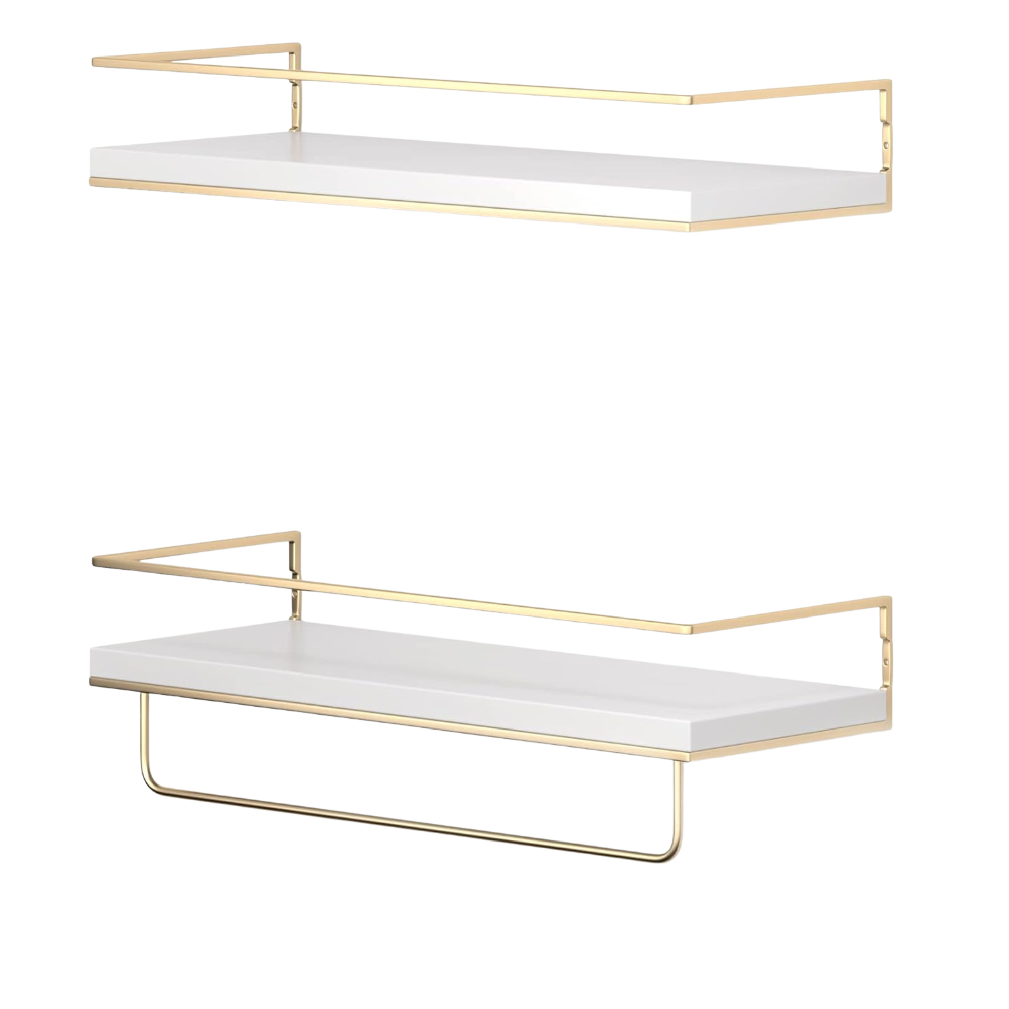 set of two floating shelves with gold rims and white surfaces