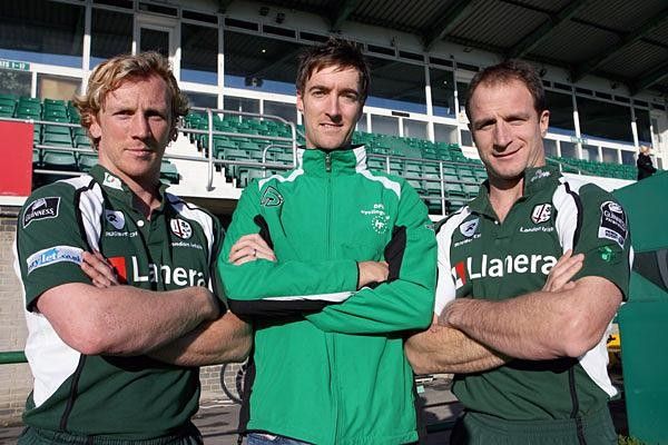 Daniel Lloyd with English world cup rugby stars Peter Richards and Mike Catt who were in the side that beat Australia 12-10.