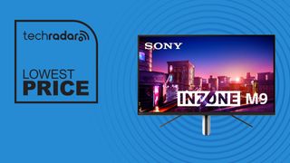 Sony Inzone M9 4K PS5 monitor on a blue background with black lowest price text