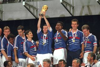 France players celebrate with the trophy after their World Cup final win over Brazil in July 1998.