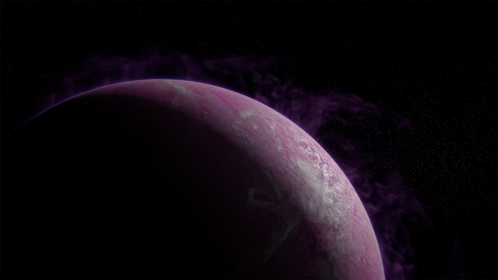 A pink and white colored planet seen from orbit.