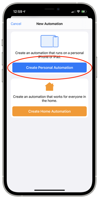 Screenshot showing New Automation page with options for Create Personal Automation and Create Home Automation